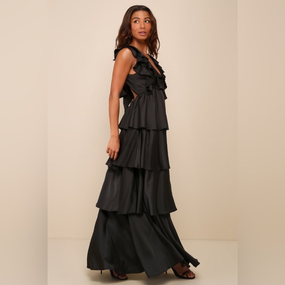 Lulus-Glorious Essence Black Satin Ruffled Tiered Tie-Back Maxi Dress (Medium) - Picture 4 of 5